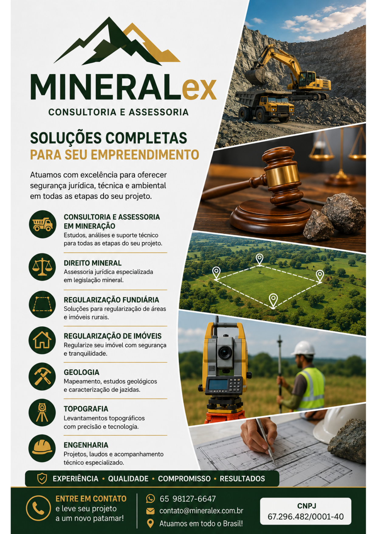 Folder da MINERALex com mineração, regularização fundiária, topografia e engenharia